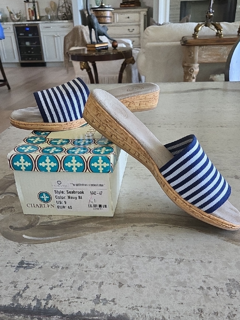 Charleston Shoe Company, Seabrook, Navy and White Striped Wedge Mule